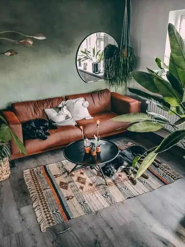 Green Accent Wall With Leather Couch
