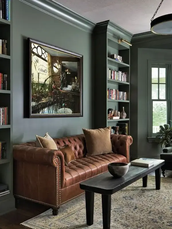 Grey Green Living Room With Amber Touches