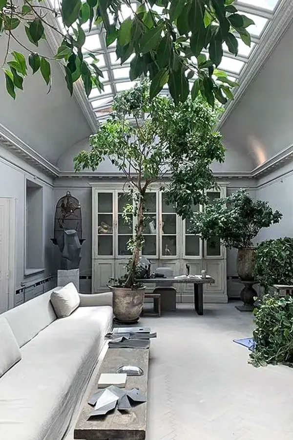 Grey Living Room With Skylight and Greenery