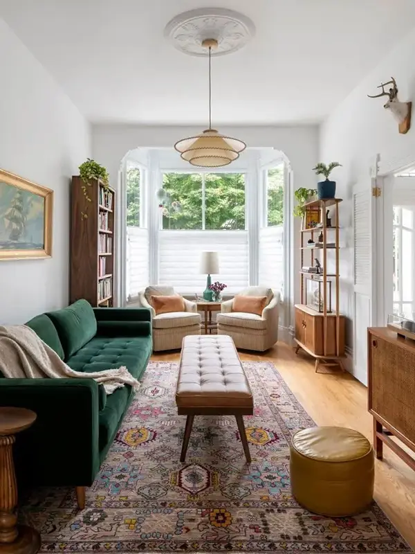 Light Living Room With Forest Green Sofa