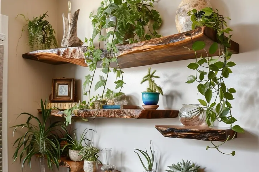 Live Edge Shelves With Indoor Greenery