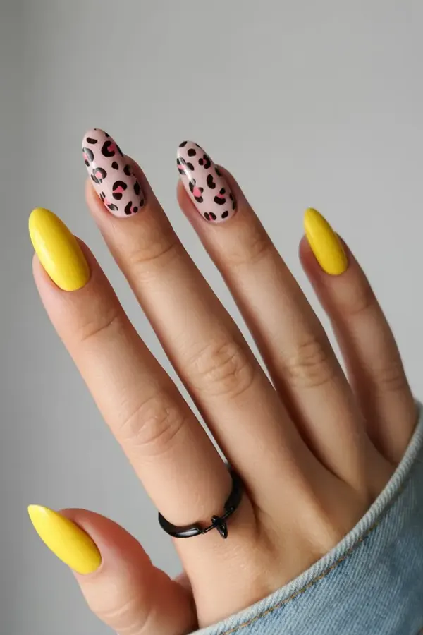 Matte Yellow and Leopard Nails