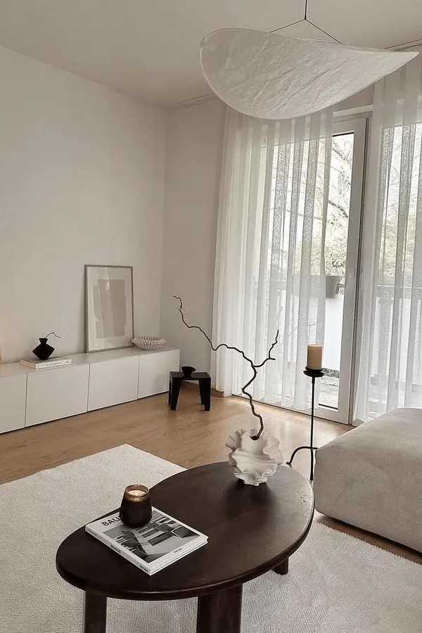 Neutral Japandi Living Room With Dark Accents