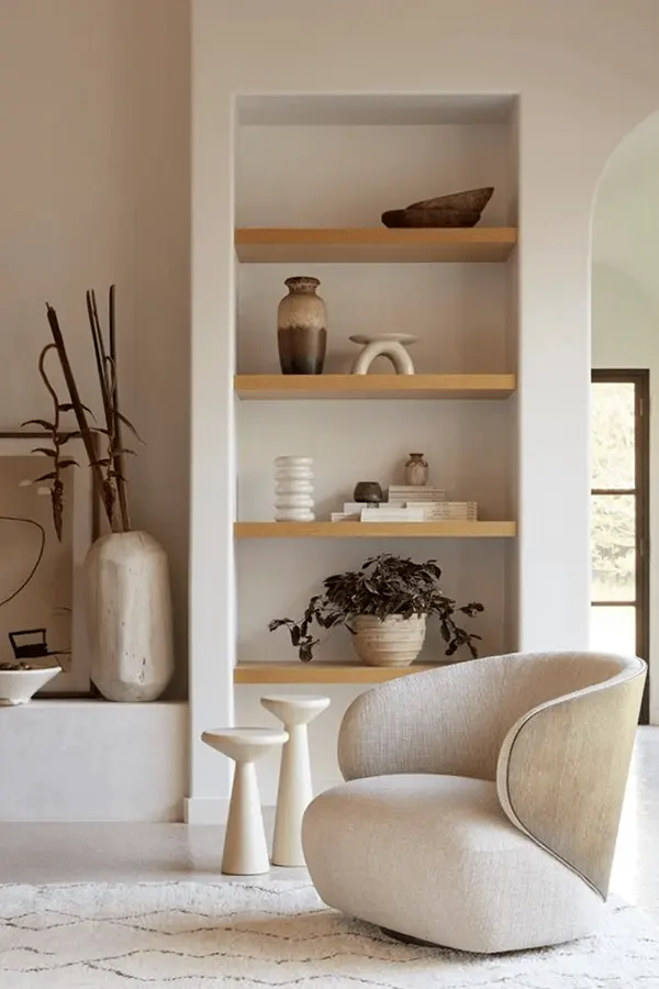 Neutral Japandi Living Room With Shelves