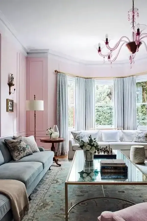 Pastel Pink Living Room With Aqua Accents