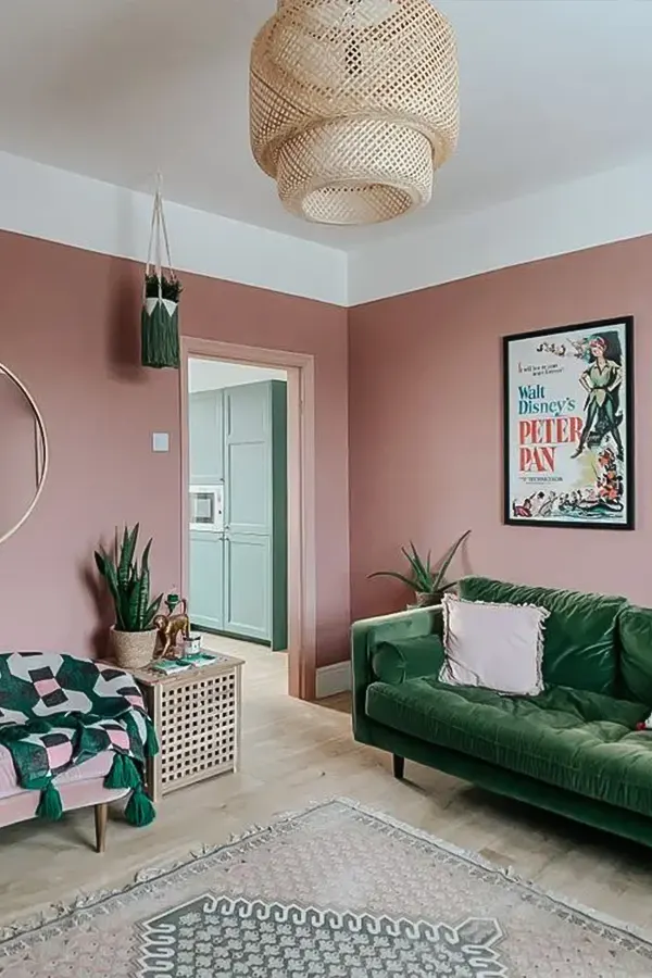 Pink Living Room With Green Velvet Sofa