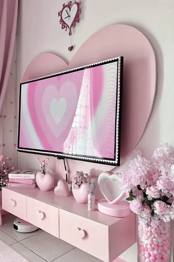 Pink Living Room With Stylish TV Cabinet
