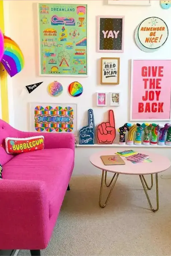 Playful Pink Living Room With Rainbow Touches