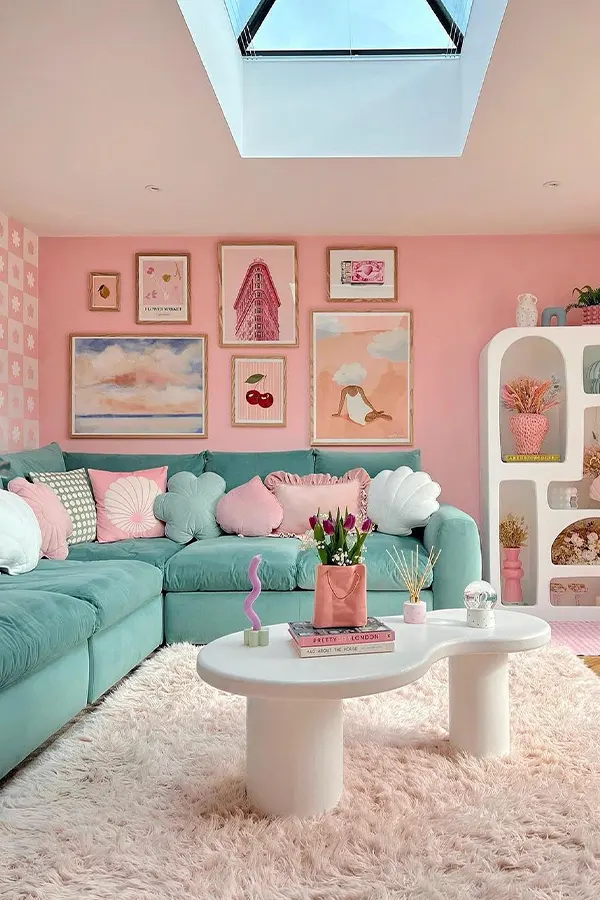 Playful Pink Living Room With Teal Accents
