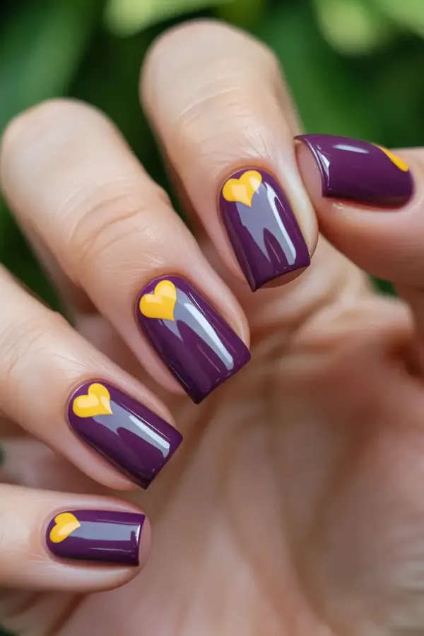 Plum Nails with Golden Hearts