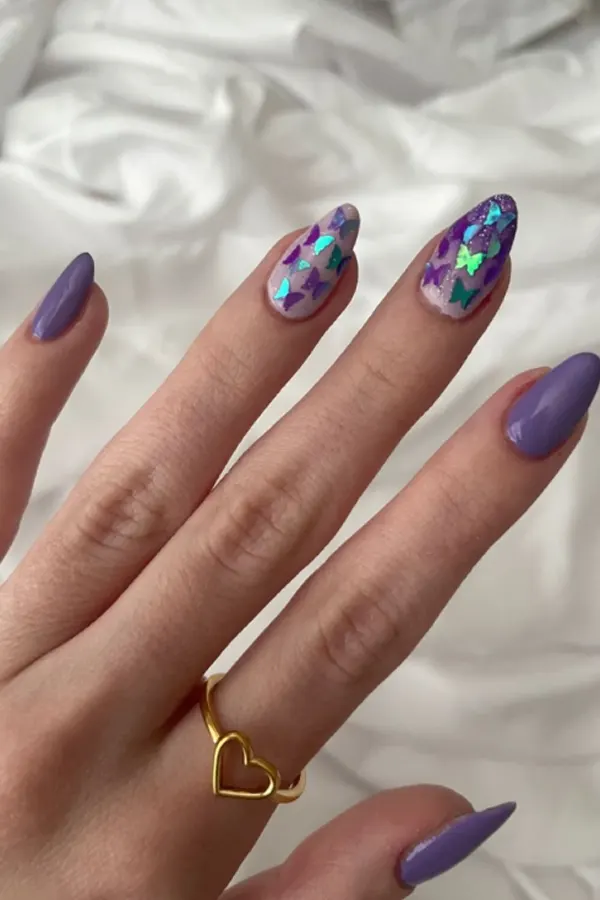 Purple Glitter Butterflies Nails
