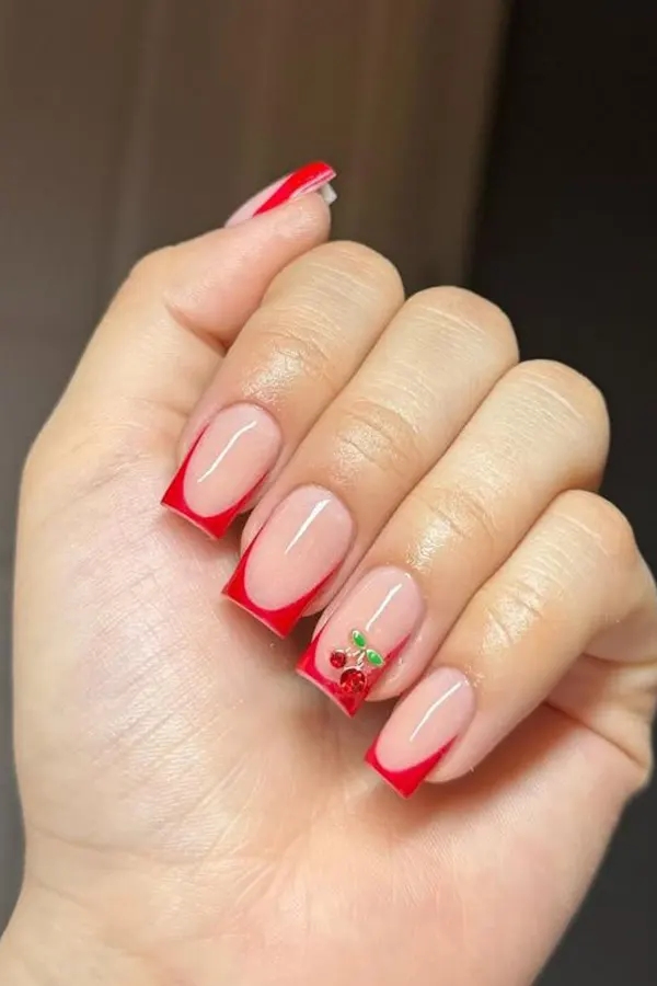 Red French Nails Cherry Accents