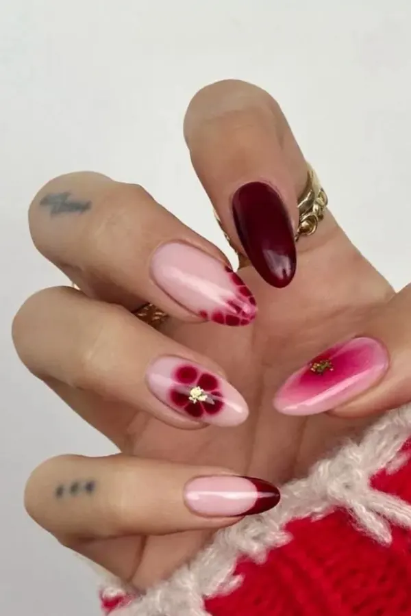 Red Mix Match Floral Nail Ideas