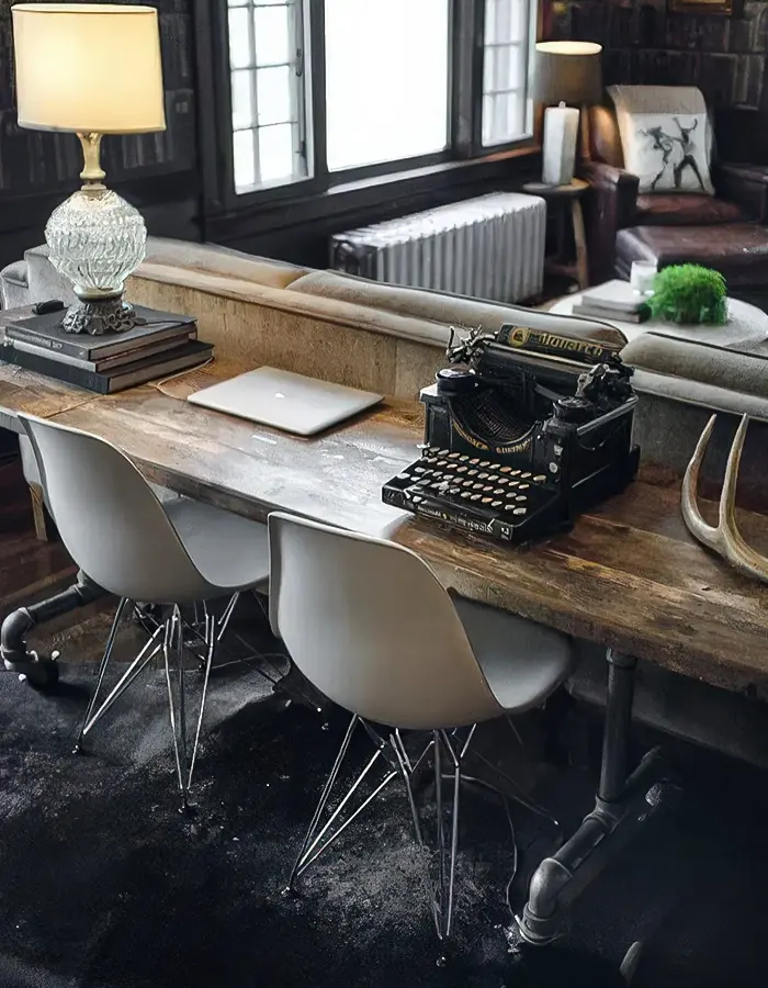 Rustic Desk Behind Sofa with Modern Flair