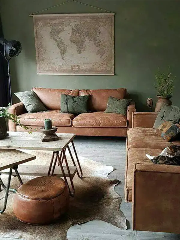 Sage Green Living Room With Leather Accents