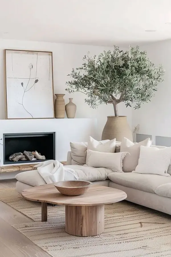 Serene Japandi Living Room With Fireplace