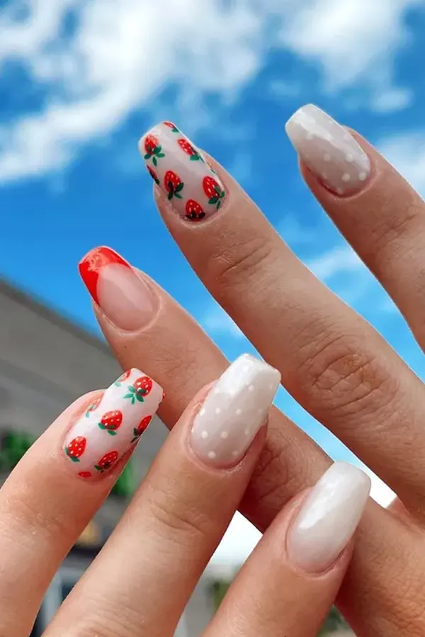 Strawberries and Cream Dotted Nails