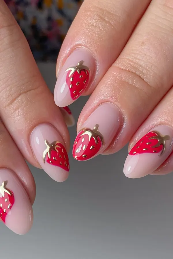 Strawberry Nails with Gold Accent