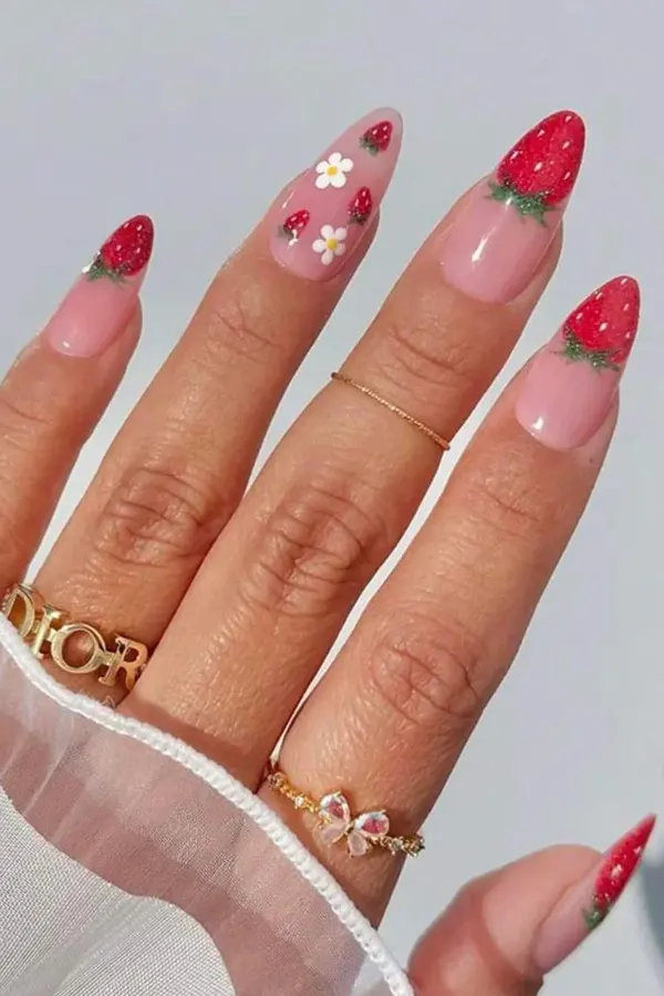 Strawberry and Floral Nails Inspo