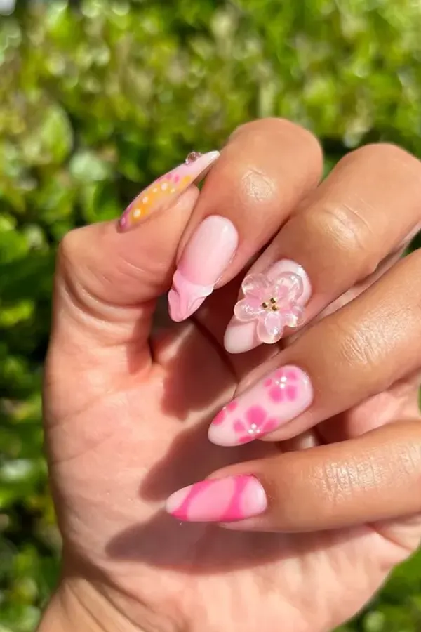 3D Pink Floral Manicure