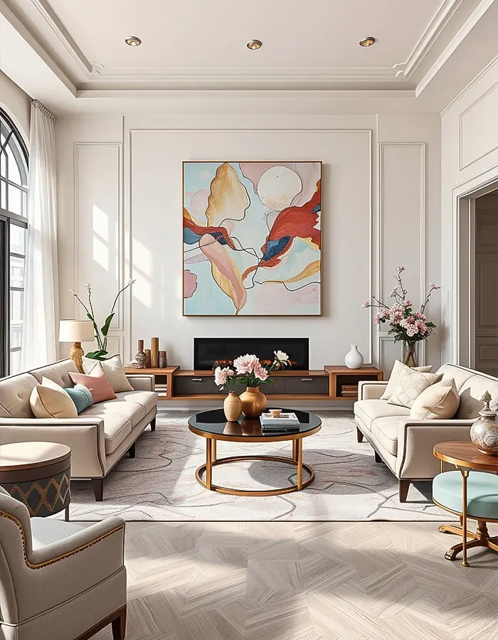 Artful Accents in Pastel Living Rooms