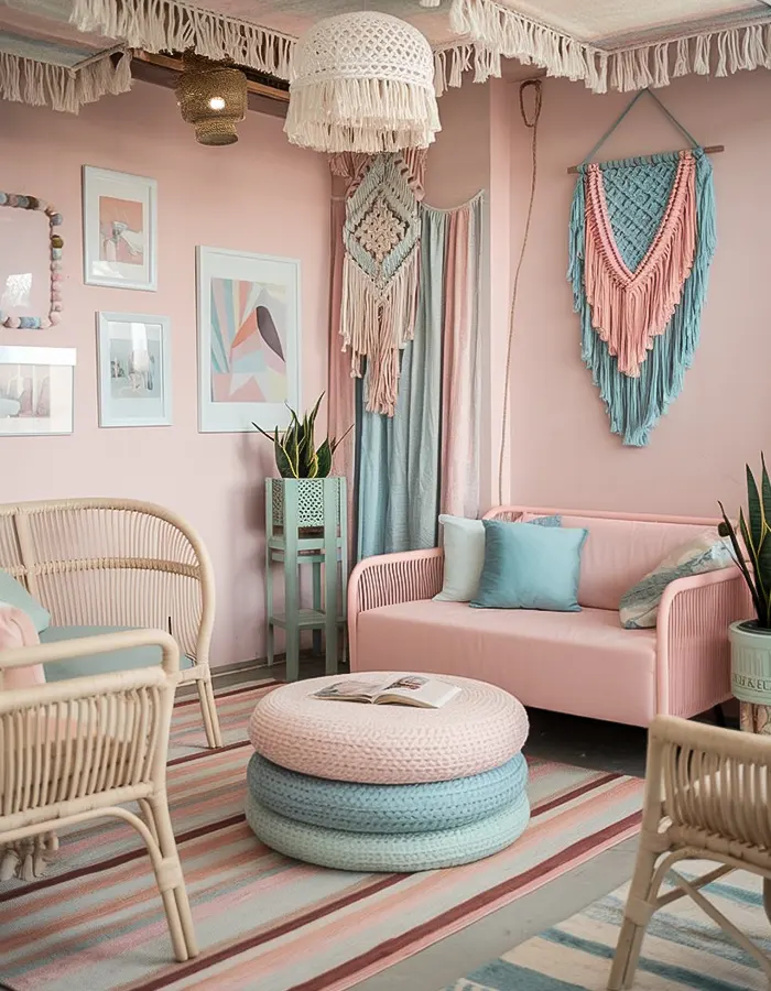 Boho Pastel Living Room with Eclectic Layers