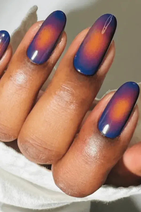 Classic Aura Nails in Peach, Magenta, and Soft Blue-Gray Tones
