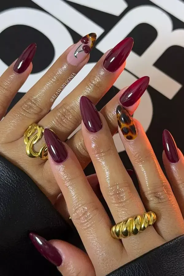 Dark Cherry Red Nails with Fruit Detail for a Bold Fall Accent