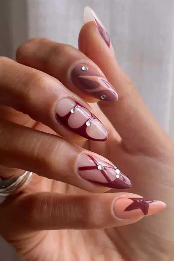 Dark Coquette Nails with Rhinestones, Bows, and Soft Look