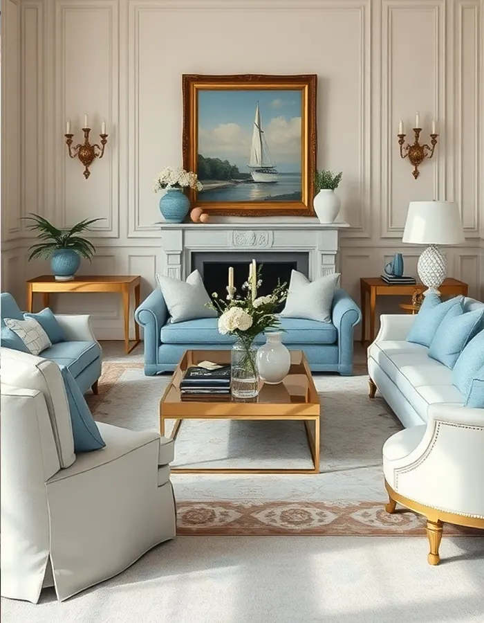 Elegant Pastel Living Room in Blue and Cream