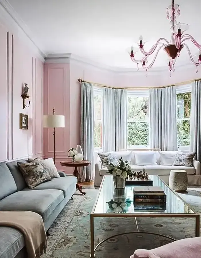 Elegant Pastel Living Room with Pink and Aqua