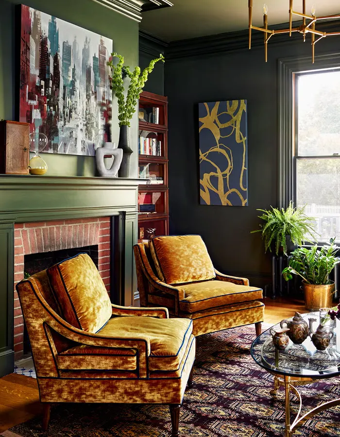 Glamorous Midcentury Living Room with Luxe Contrast
