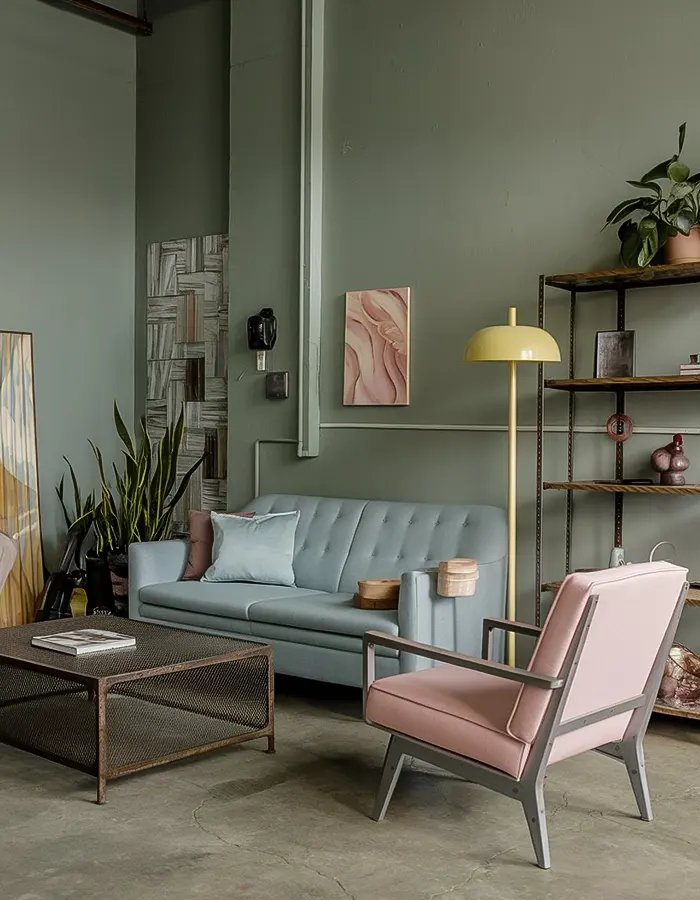 Industrial Meets Soft Pastel Living Room
