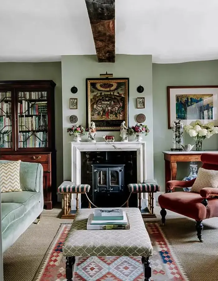 Inviting Vintage Living Room in Soft Greens