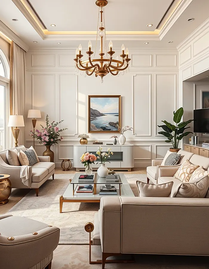 Luxe Lighting in Pastel Living Rooms