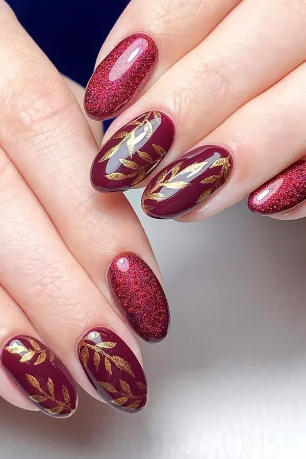 Maroon and Gold Sparkle Nails for Fall to Holiday Shift