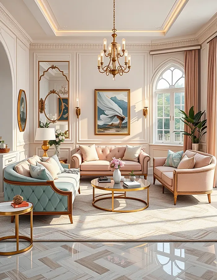 Modern Pastel Living Room with Gold Touches