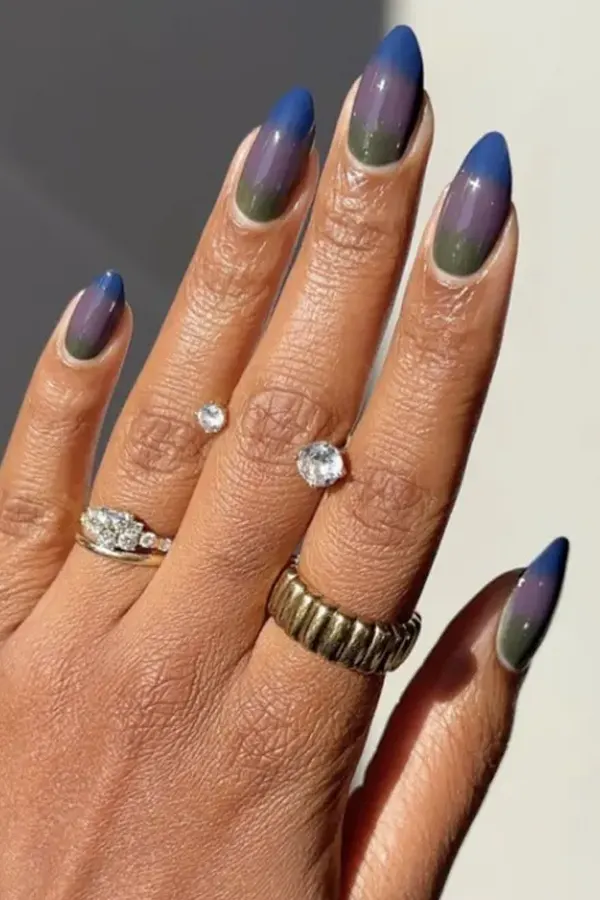 Muted Fall Gradient Nails in Olive, Navy, and Soft Greige Shades