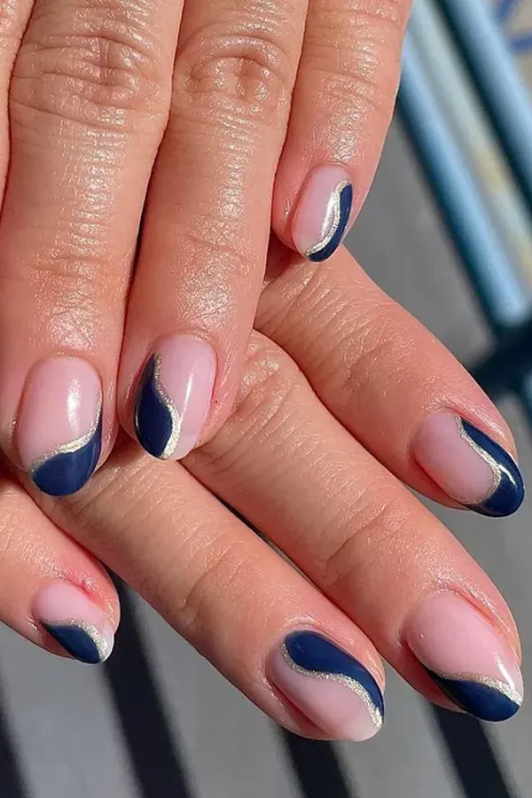 Navy Squiggle Nails with Silver Lined Edges