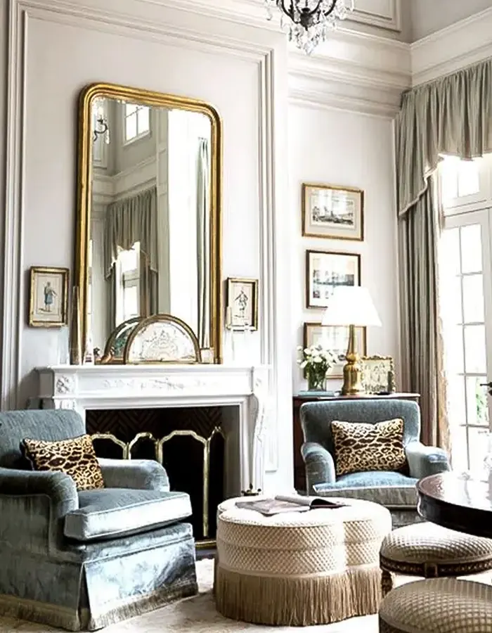 Paneled Vintage Living Room with Blue Accents