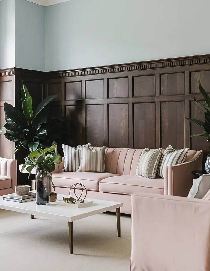 Pastel Living Room with Rich Wood Contrast