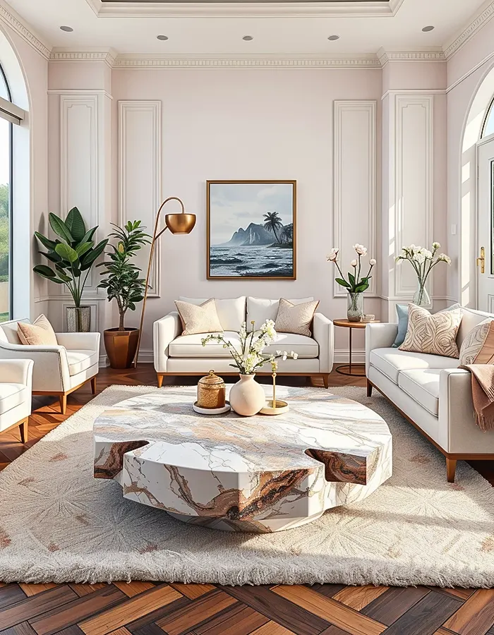 Statement Coffee Tables in Pastel Living Rooms