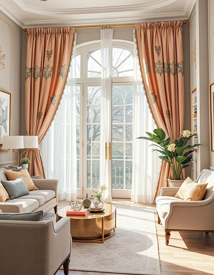 Statement Drapes in a Pastel Living Room