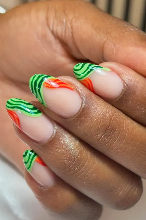 Vibrant Orange Green Nails